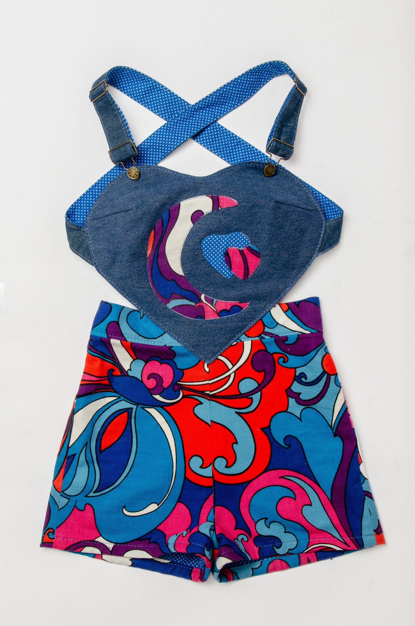 Psychedelic Sweetheart Patchwork Vintage Denim Short Jumpsuit