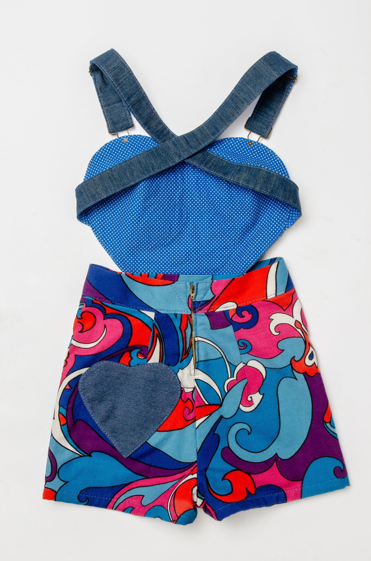 Psychedelic Sweetheart Patchwork Vintage Denim Short Jumpsuit