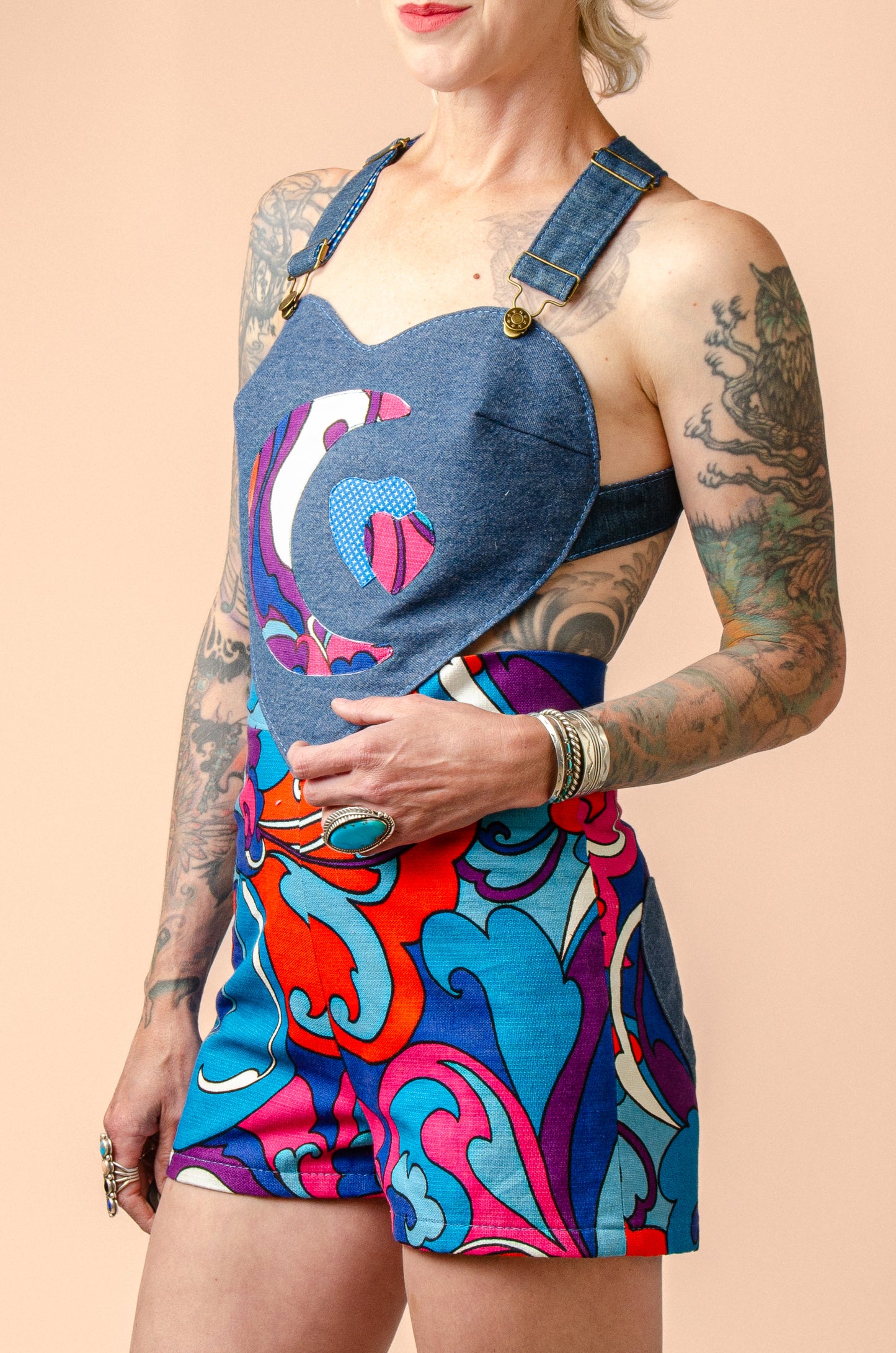Psychedelic Sweetheart Patchwork Vintage Denim Short Jumpsuit