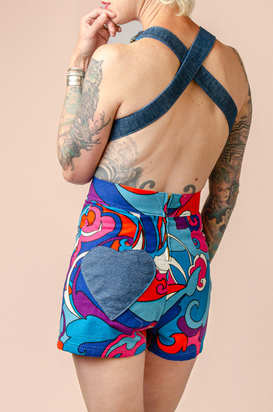 Psychedelic Sweetheart Patchwork Vintage Denim Short Jumpsuit