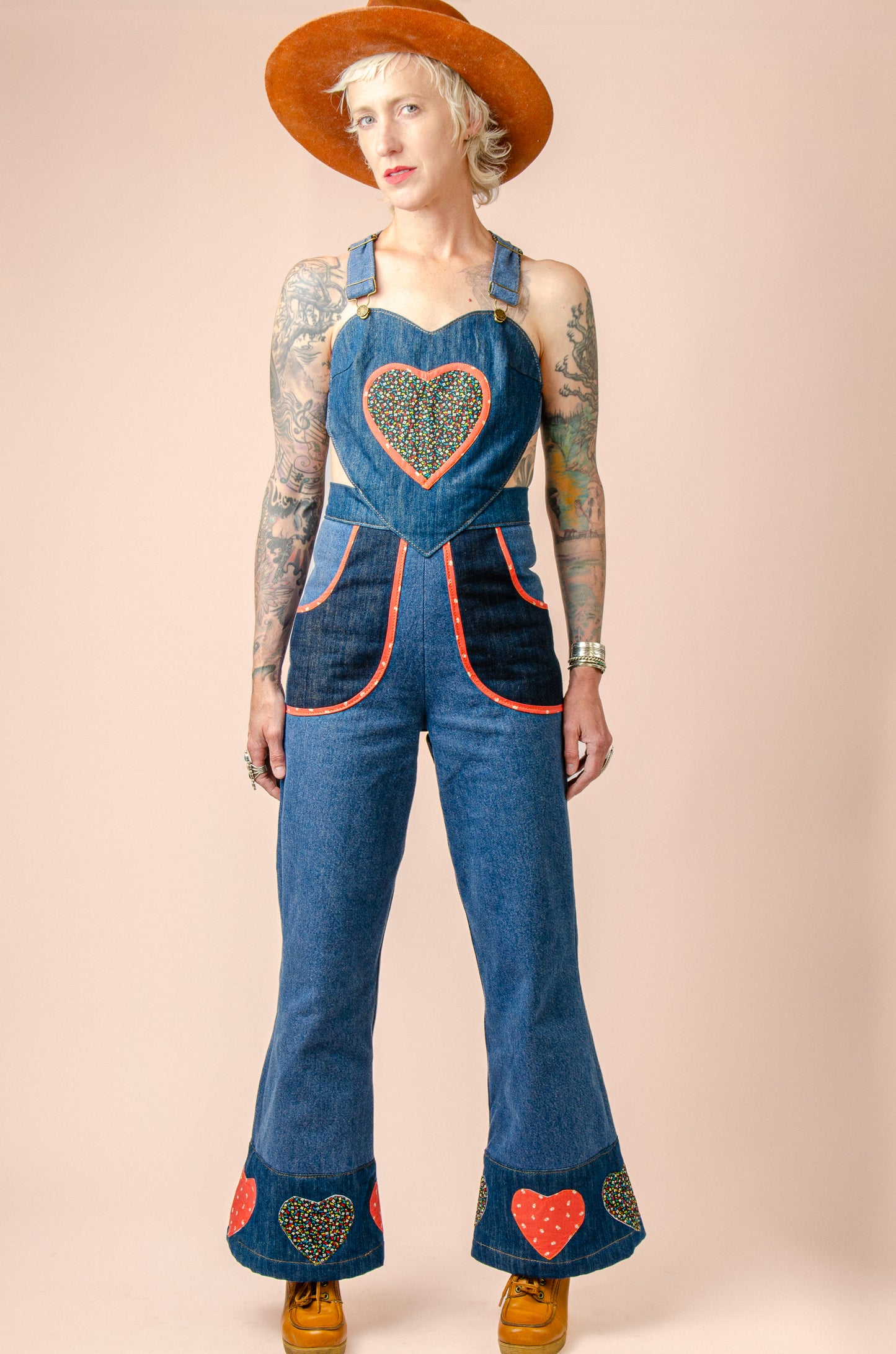 Queen of Hearts Patchwork Vintage Denim Jumpsuit