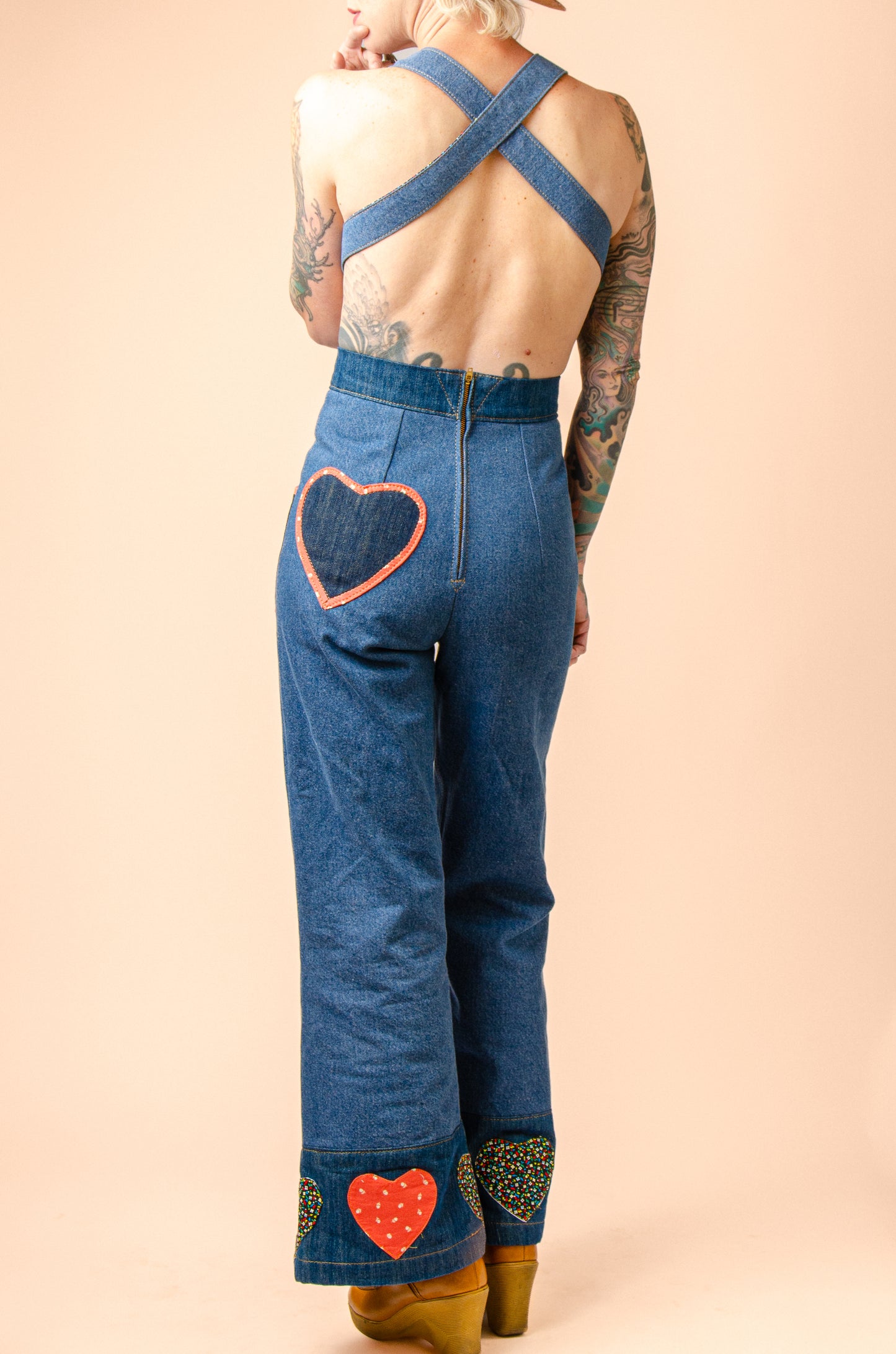 Queen of Hearts Patchwork Vintage Denim Jumpsuit