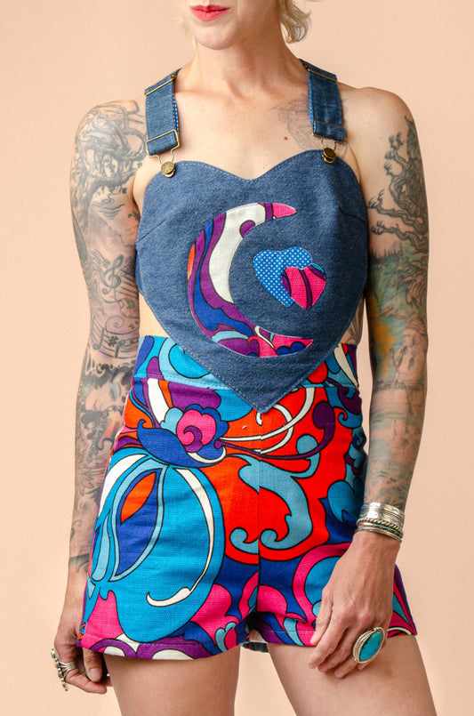 Psychedelic Sweetheart Patchwork Vintage Denim Short Jumpsuit
