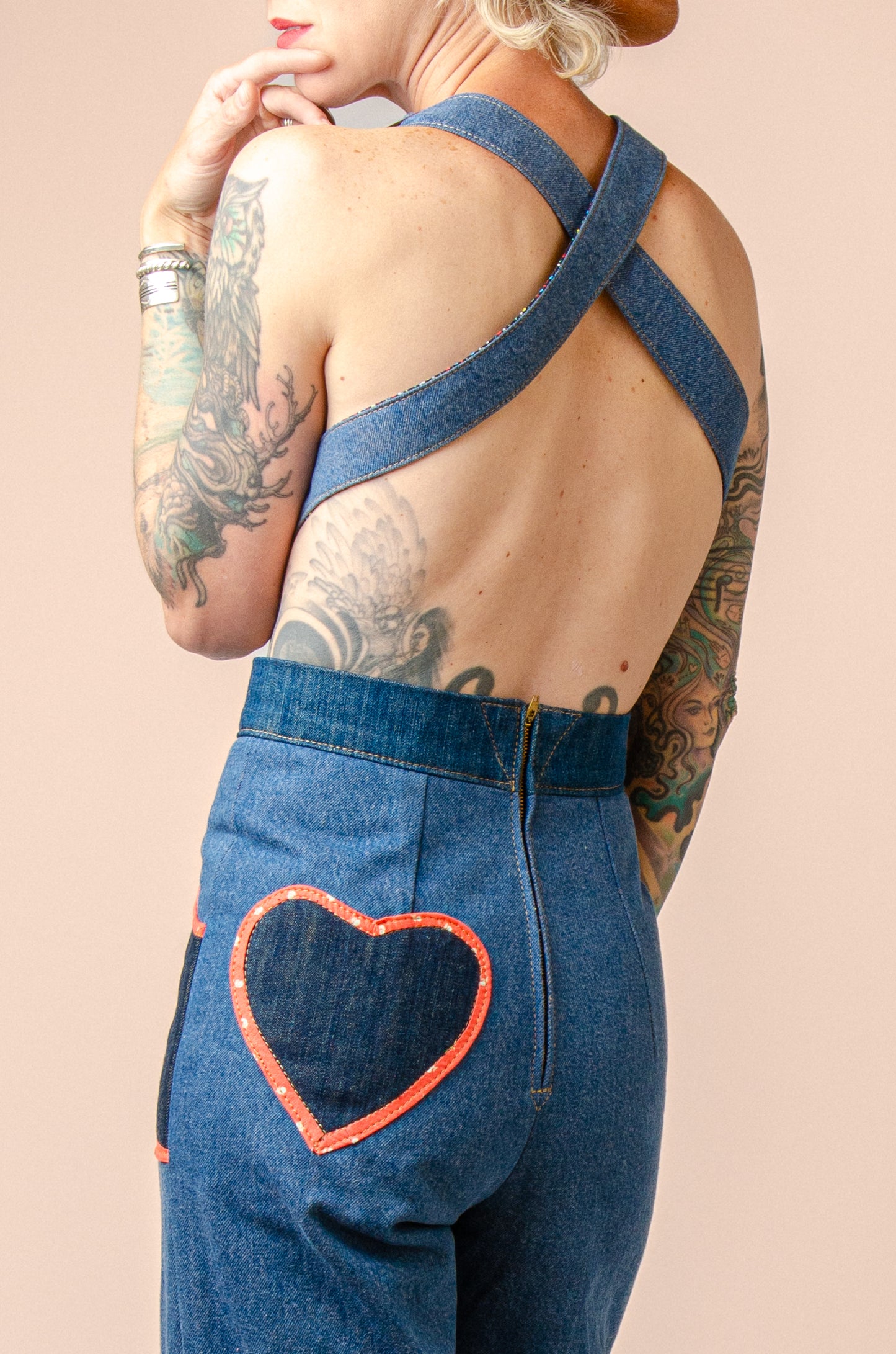 Queen of Hearts Patchwork Vintage Denim Jumpsuit