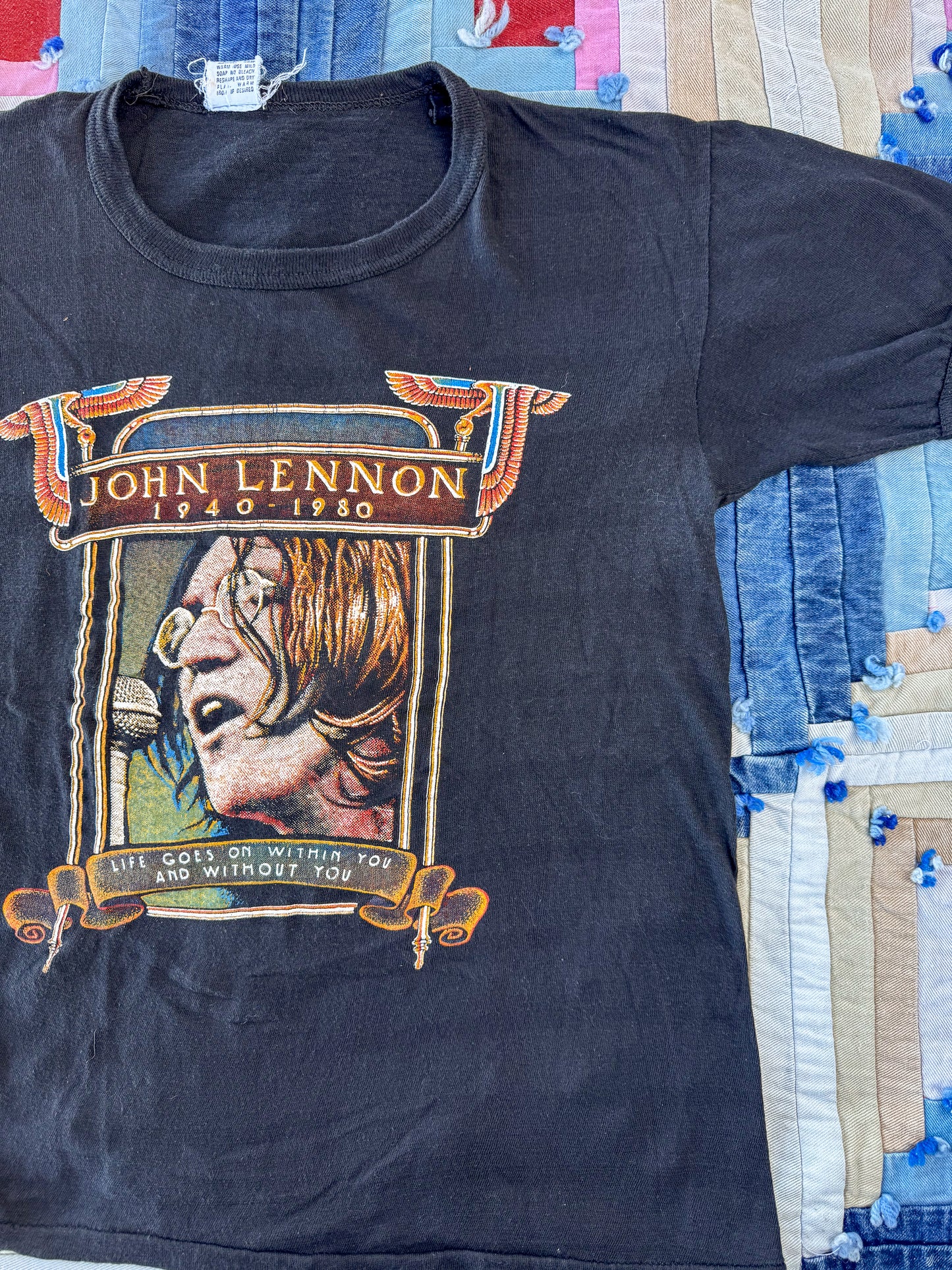 1980s John Lennon Memorial Life Goes on Within You Black Cotton T Shirt