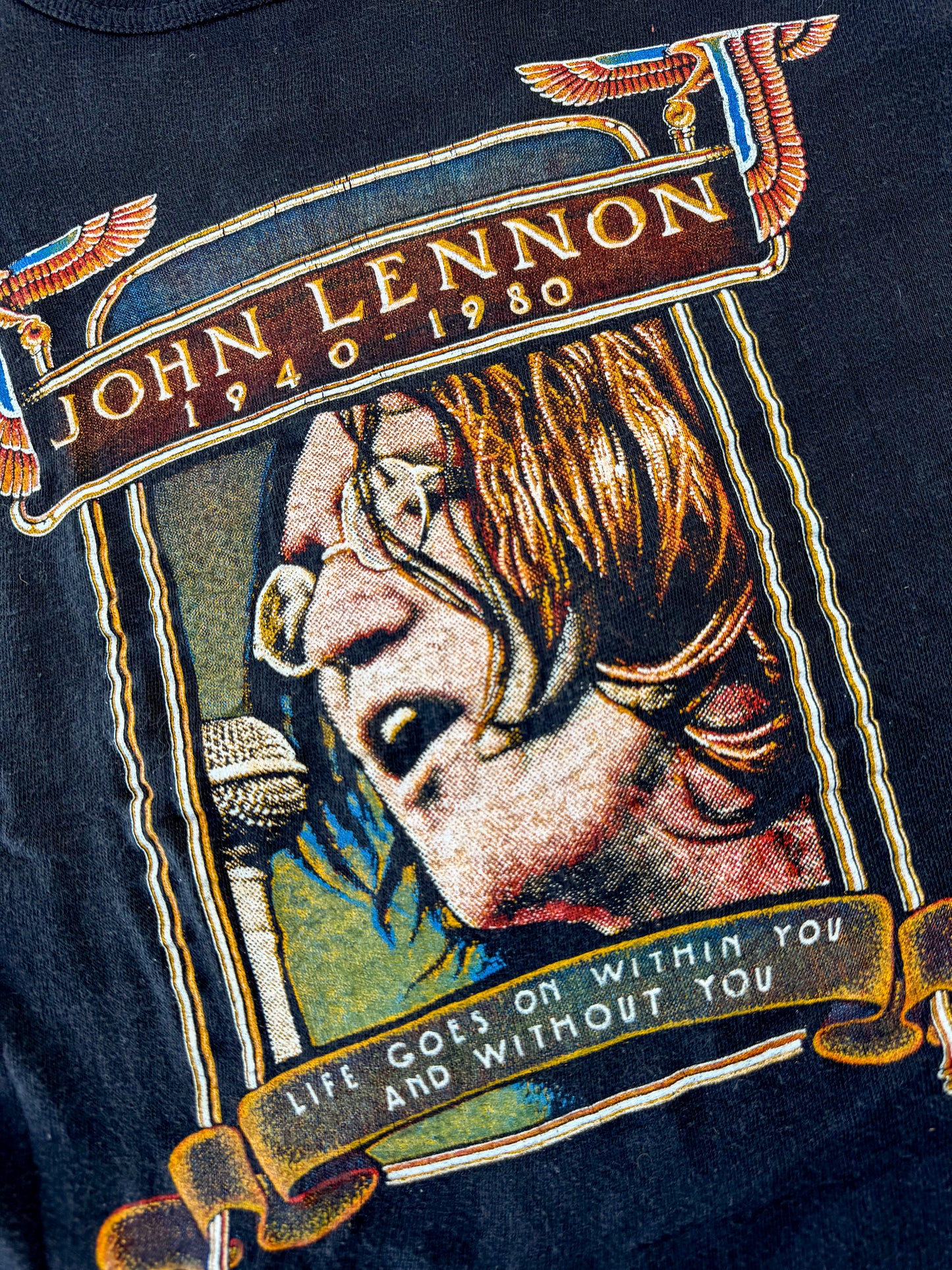 1980s John Lennon Memorial Life Goes on Within You Black Cotton T Shirt