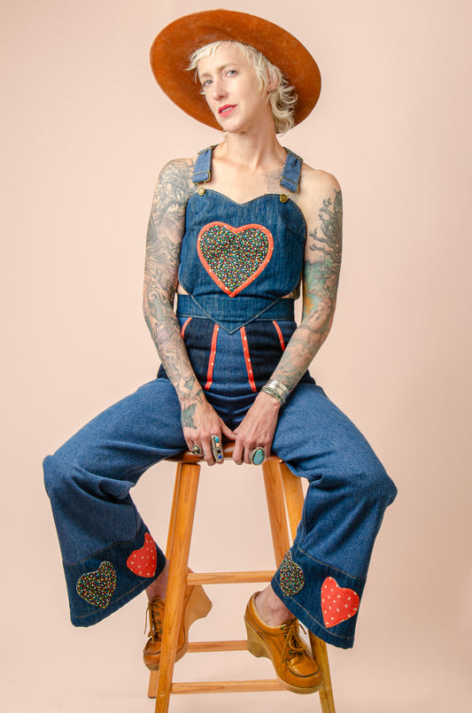 Queen of Hearts Patchwork Vintage Denim Jumpsuit